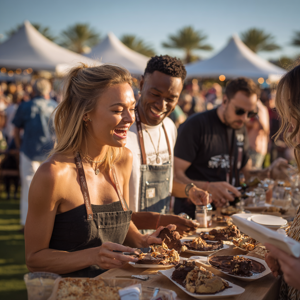 Food trucks and festival-goers enjoying the Great American Foodie Fest in Las Vegas at night.